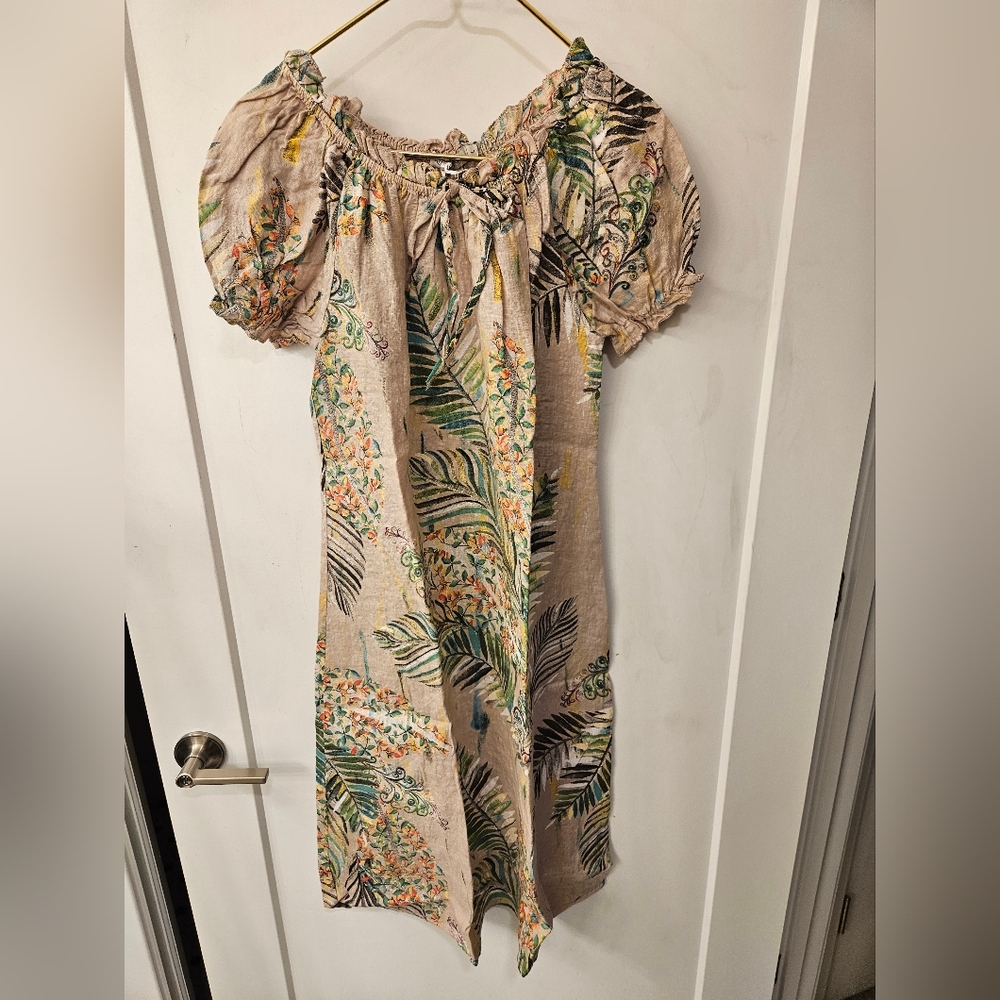 NWT - Pure Linen Italy Valentina Naldi Tropical Beige Midi Dress - Size L